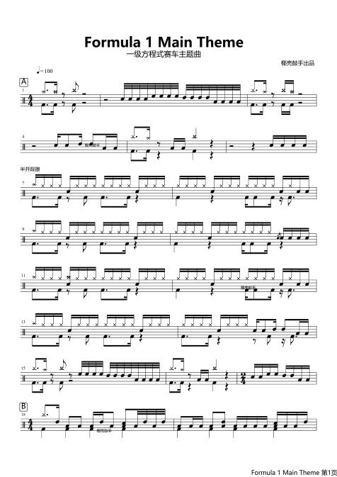 Formula 1 Main Theme(一级方程式赛车主题曲)鼓谱